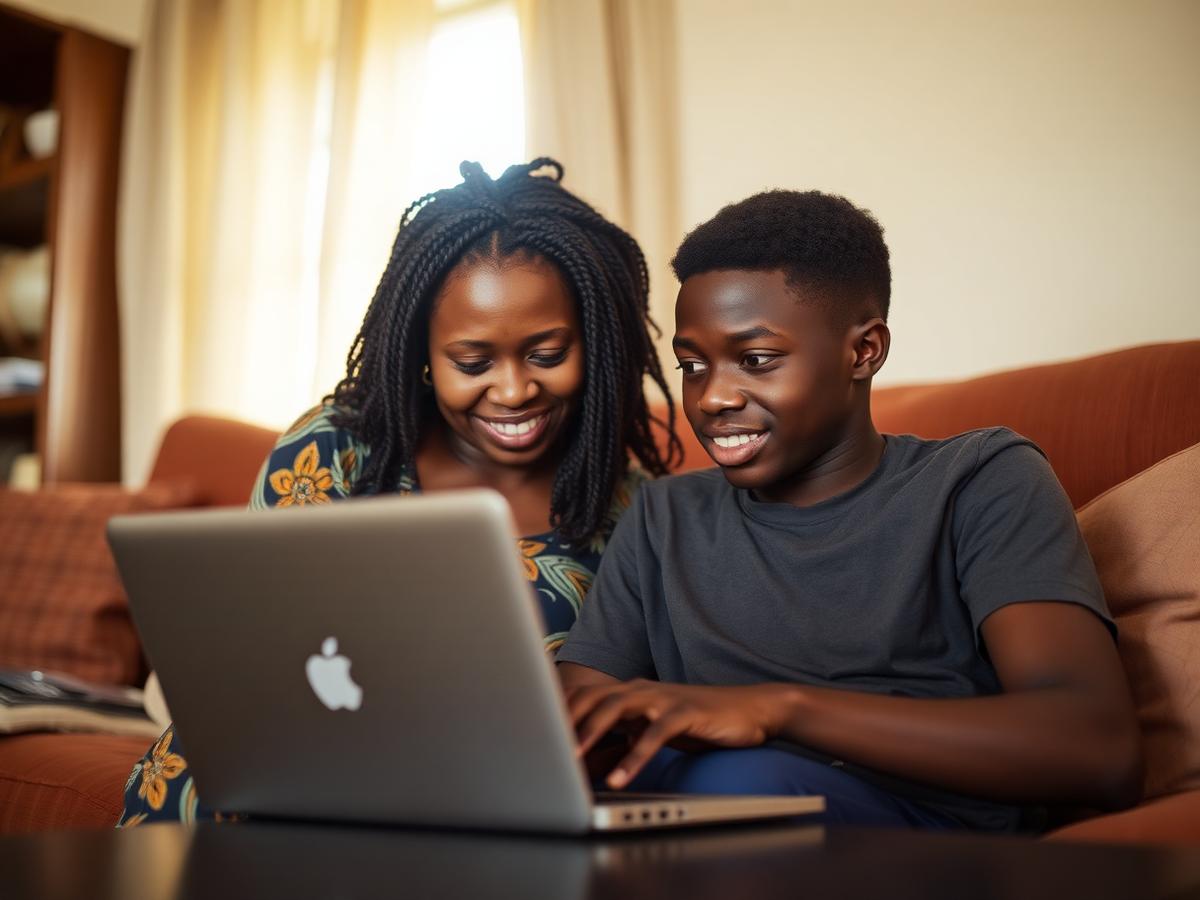 Mère et fils ivoiriens consultant la plateforme sur un ordinateur portable